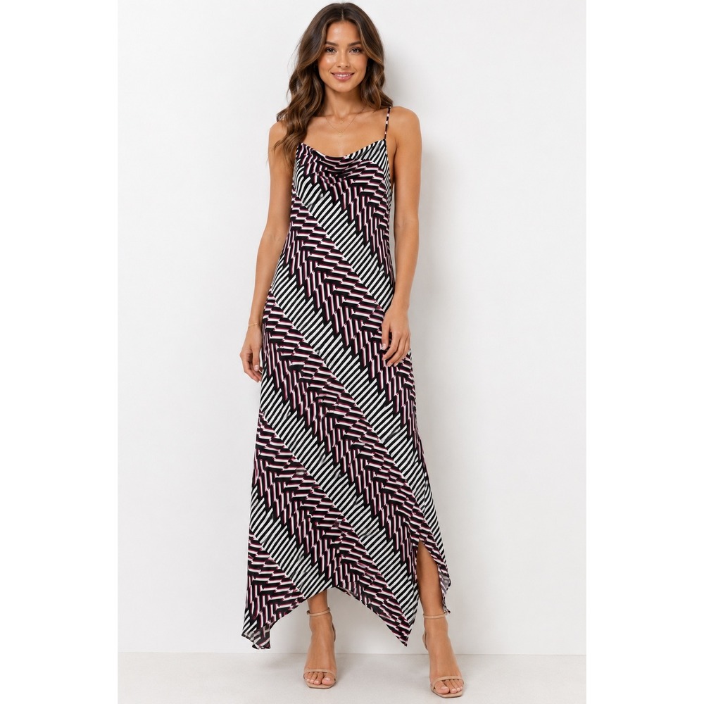 Express Geometric Maxi Dress Medium Cowl Neck Handkerchief Hem Chevron Print
